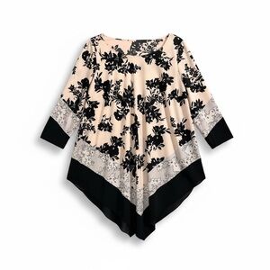 Black & Ivory Floral Handkerchief Hem Tunic | One Size | Boho Chic